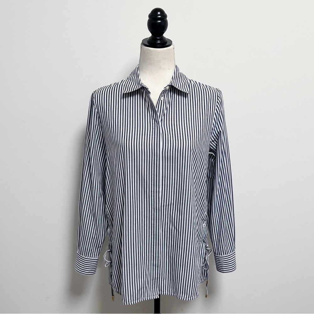 Derek Lam 10 Crosby Blue White Stripe Hidden Button Up Side Corset Tie Tunic 6